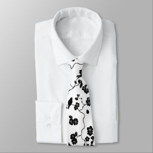 Black and White Pattern Birds on Cherry Blossoms   Tie