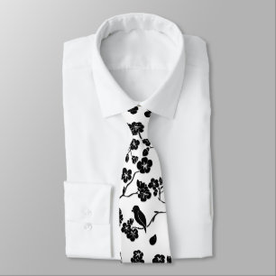 Black and White Pattern Birds on Cherry Blossoms Tie