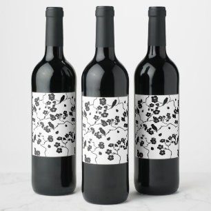Black and White Pattern Birds on Cherry Blossoms Wine Label