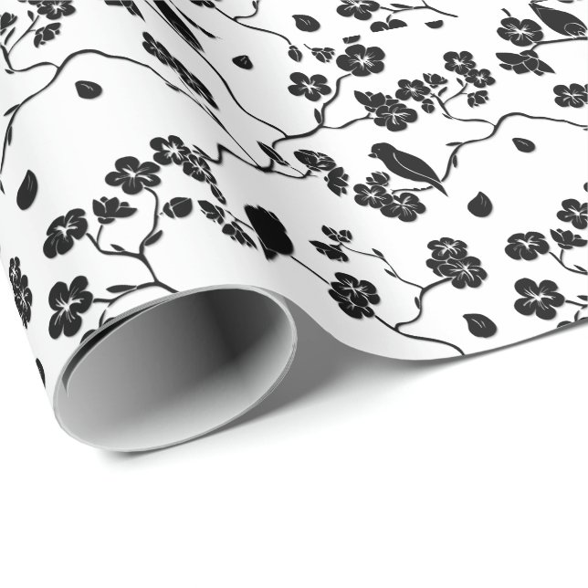 Black and White Pattern Birds on Cherry Blossoms Wrapping Paper (Roll Corner)