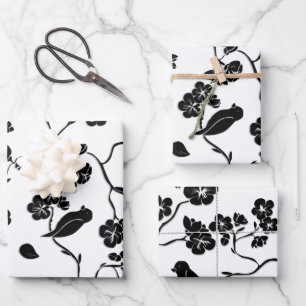 Black and White Pattern Birds on Cherry Blossoms   Wrapping Paper Sheet