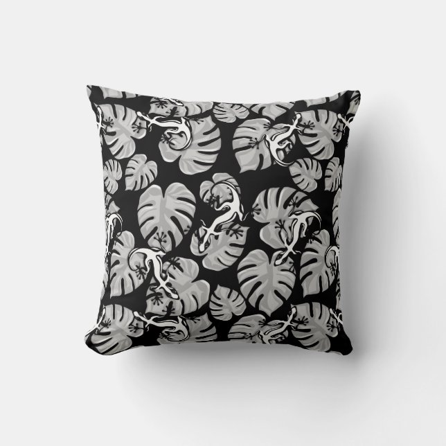 Black And White Pattern - Geckos And Leaves Cushion (Front)