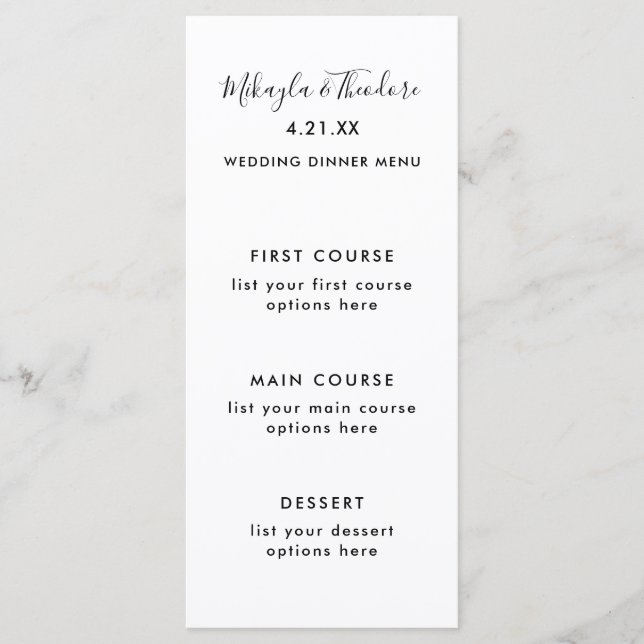 Black and White Pattern Modern Script Wedding Menu (Front)