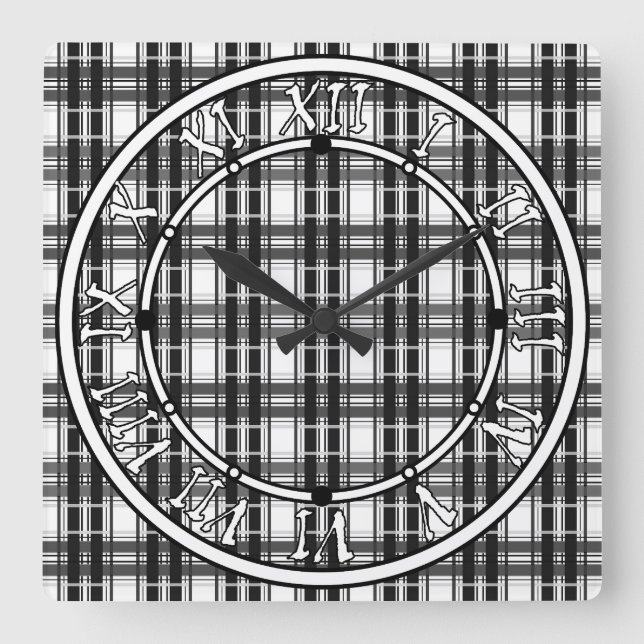 Black and white pattern Tartan geometry chequered Square Wall Clock (Front)