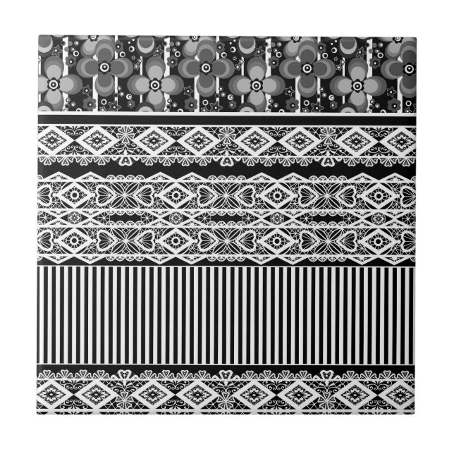 Black and white pattern with lace and patchwork ceramic tile (Front)