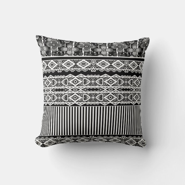 Black and white pattern with lace and patchwork cushion (Front)