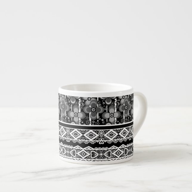 Black and white pattern with lace and patchwork espresso cup (Front Right)