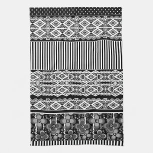 Black and white pattern with lace and patchwork tea towel