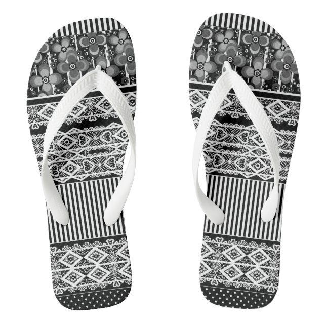 Black and white pattern with lace and patchwork  thongs (Footbed)
