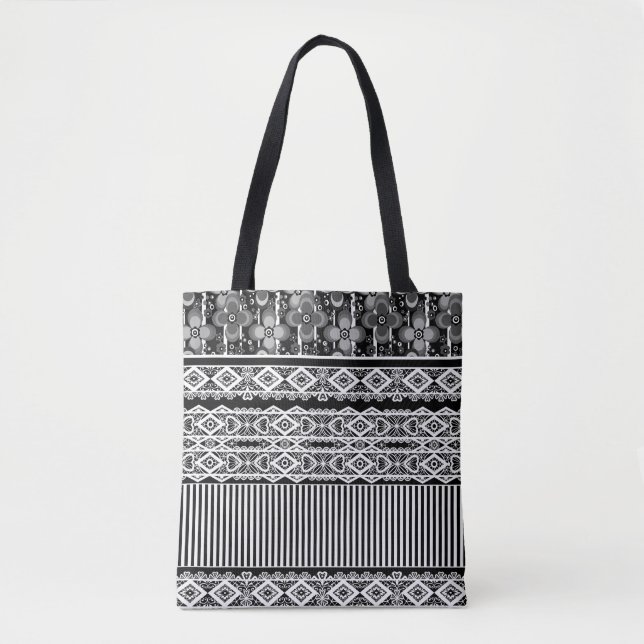 Black and white pattern with lace and patchwork tote bag (Front)