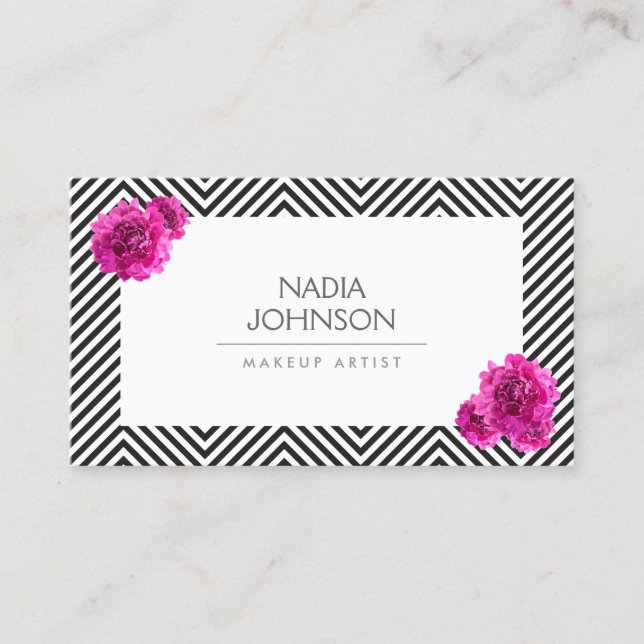 Black and White Pattern with Pink Flowers Beauty Business Card (Front)