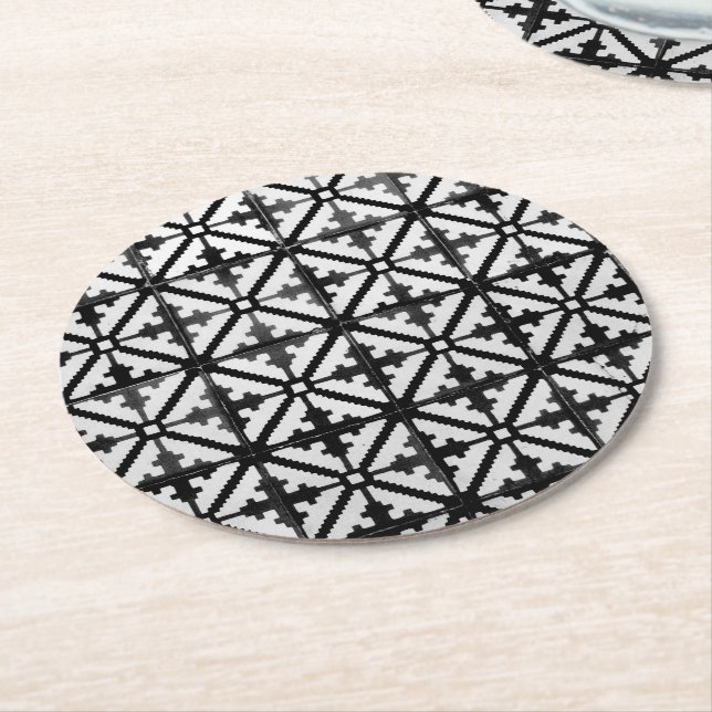 Black and White Patterned Floor Tile Print Round Paper Coaster (Angled)