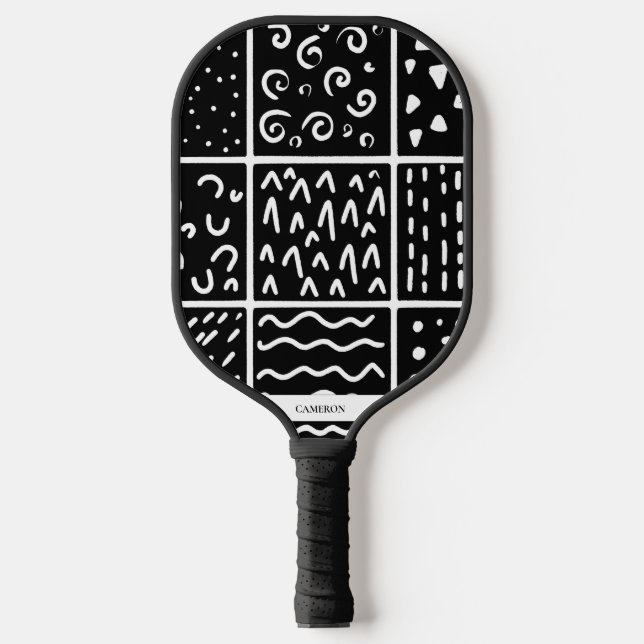 Black and White Patterns Modern Monogram Pickleball Paddle (Front)