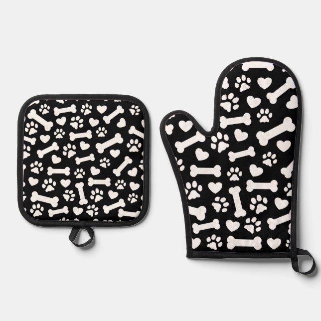 Black and White Paw, Heart, Bone Design Oven Mitt & Pot Holder Set (Front)