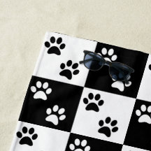 Black and white paw print chequered Beach Towel
