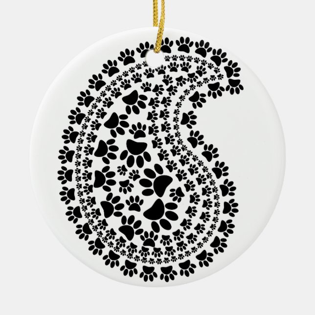 Black And White Paw Print Paisley Pattern Ceramic Ornament (Front)