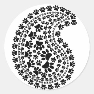 Black And White Paw Print Paisley Pattern Classic Round Sticker