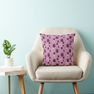 Black and white Paw Prints Red Hearts on pink Cushion