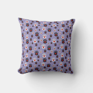 Black and White pawprints with hearts Cushion