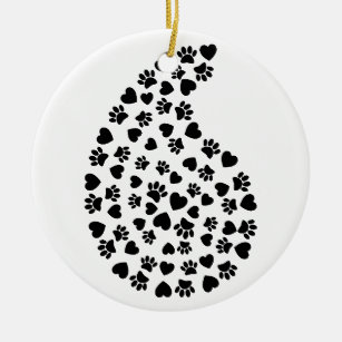 Black And White Paws And Hearts Paisley Pattern Ceramic Ornament