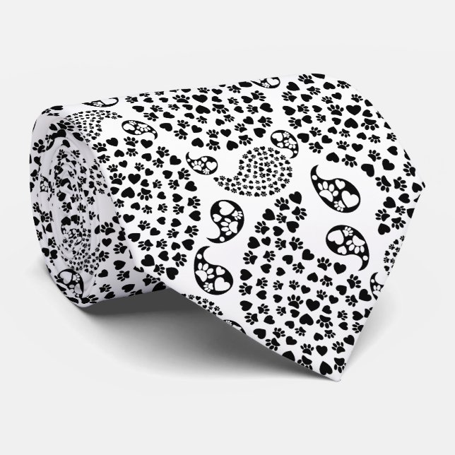 Black And White Paws And Hearts Paisley Print Tie (Rolled)