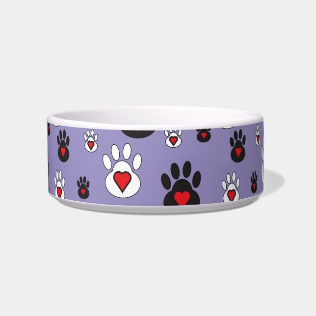 Black and White paws with hearts on blue Bowl (Front)