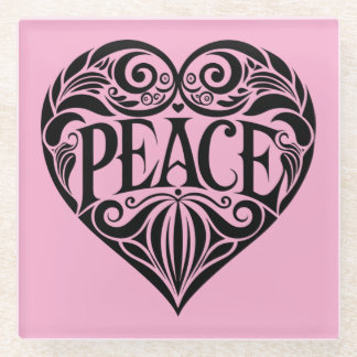 BLACK AND WHITE PEACE HEART GLASS COASTER