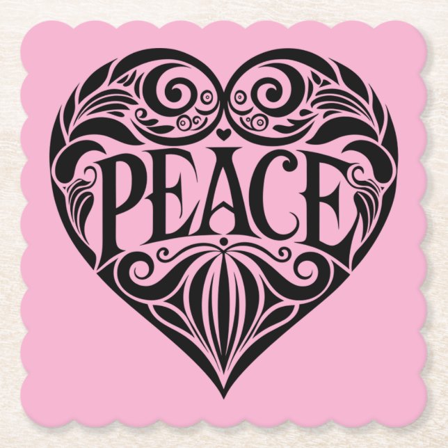 BLACK AND WHITE PEACE HEART PAPER COASTER (Front)