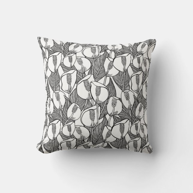 Black And White Peace Lily Pattern Cushion (Front)