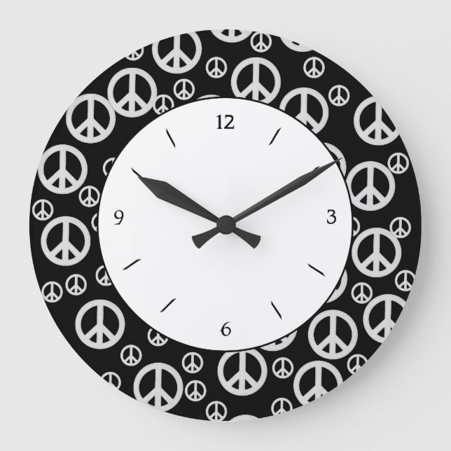 Black and White Peace Signs Large Clock (Front)
