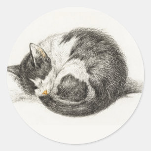 Black and white pencil drawing of a sleeping cat classic round sticker