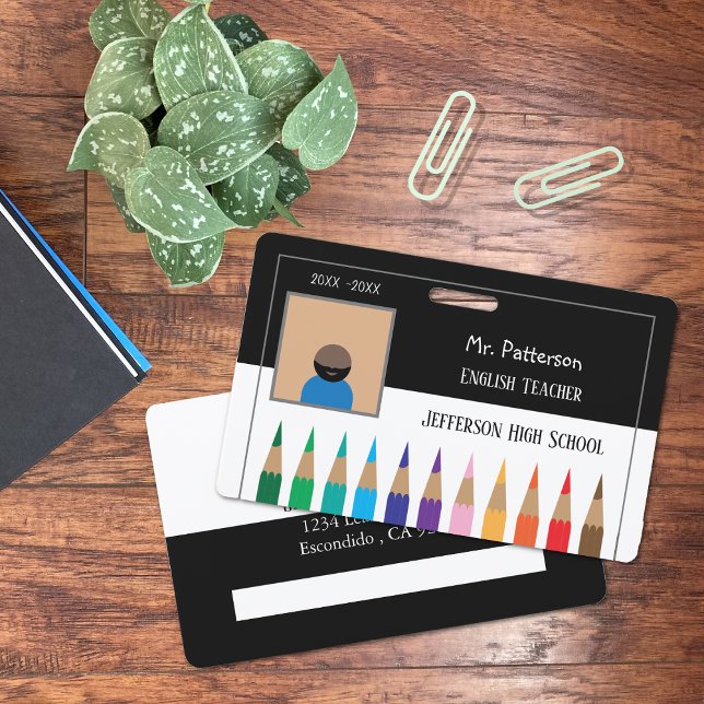Black and White Pencils Horizontal Teacher Badge ID Badge (Black and white horizontal teacher photo ID badge .)
