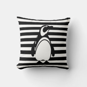 Black and White Penguin and Stripes Cushion