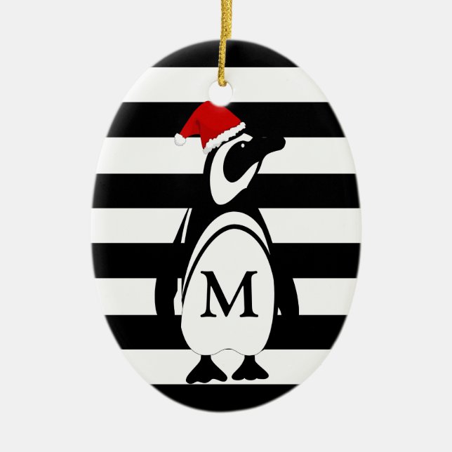 Black and White Penguin and Stripes Monogram Ceramic Ornament (Front)