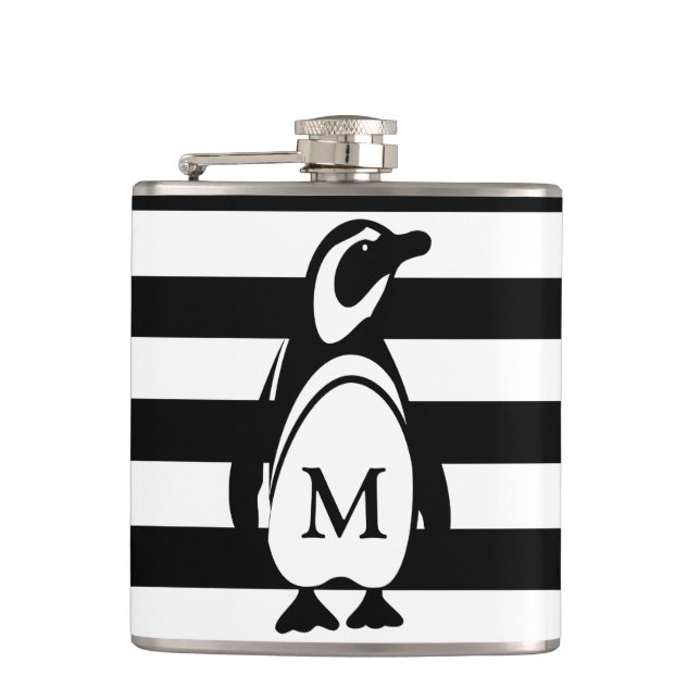 Black and White Penguin and Stripes Monogram Hip Flask (Front)