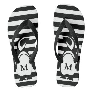 Black and White Penguin and Stripes Monogram Thongs