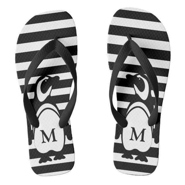Black and White Penguin and Stripes Monogram Thongs (Footbed)