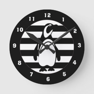 Black and White Penguin and Stripes Round Clock