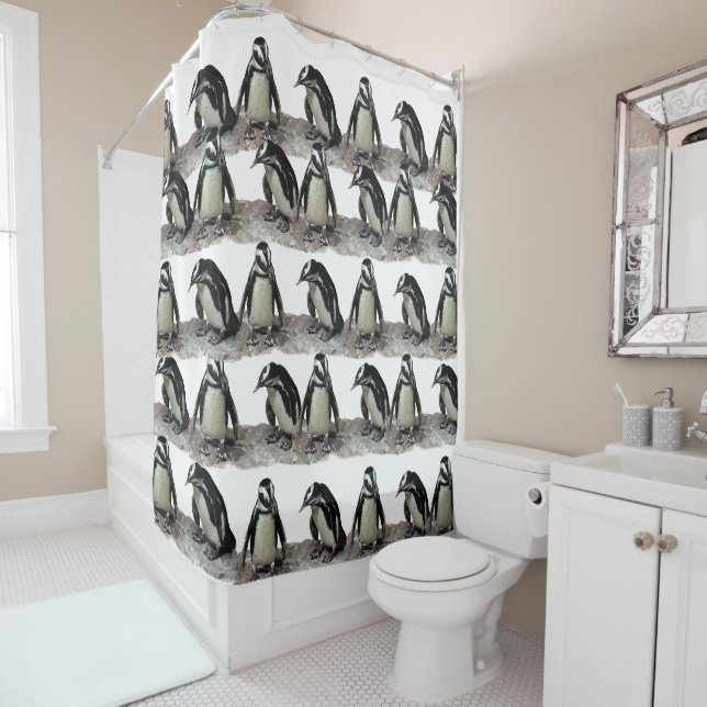 Black and White Penguin Birds Shower Curtain (In Situ)