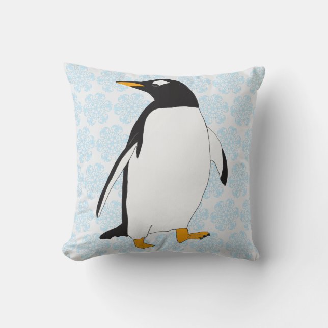 Black and White penguin with orange feet and bill Cushion (Front)
