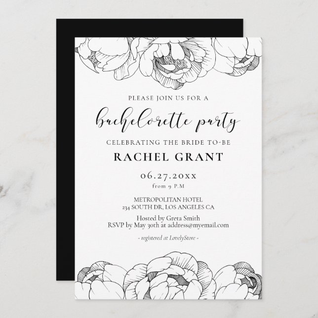 Black and white peonies Bachelorette Party Invitation (Front/Back)