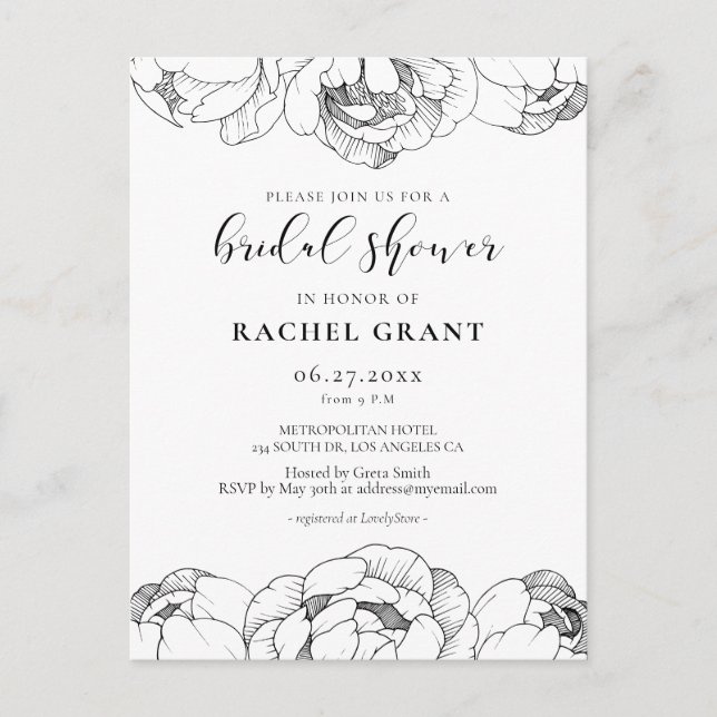 Black and white peonies Bridal shower invitation Postcard (Front)