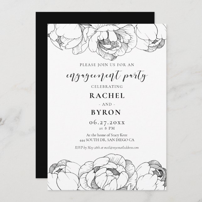 Black and white peonies elegant engagement party invitation (Front/Back)
