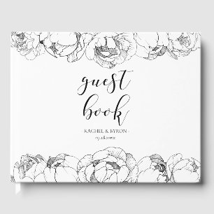 Black and white peonies elegant wedding guest book