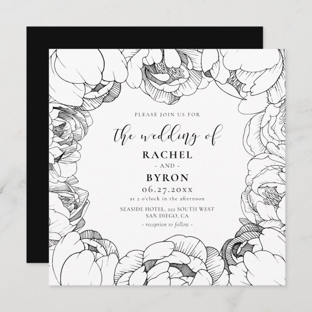 Black and white peonies elegant wedding invitation (Front/Back)