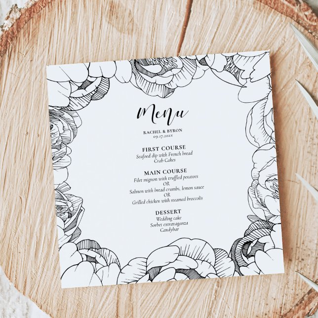 Black and white peonies elegant wedding menu (Creator Uploaded)