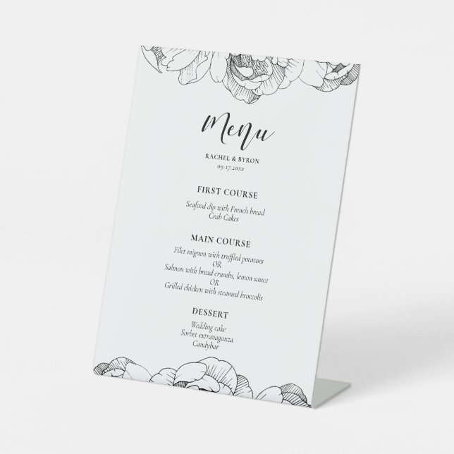 Black and white peonies elegant wedding menu pedestal sign (Front)