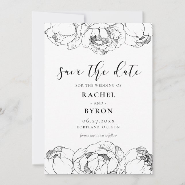 Black and white peonies elegant wedding save the date (Front)