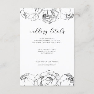 Black and white peonies wedding details card