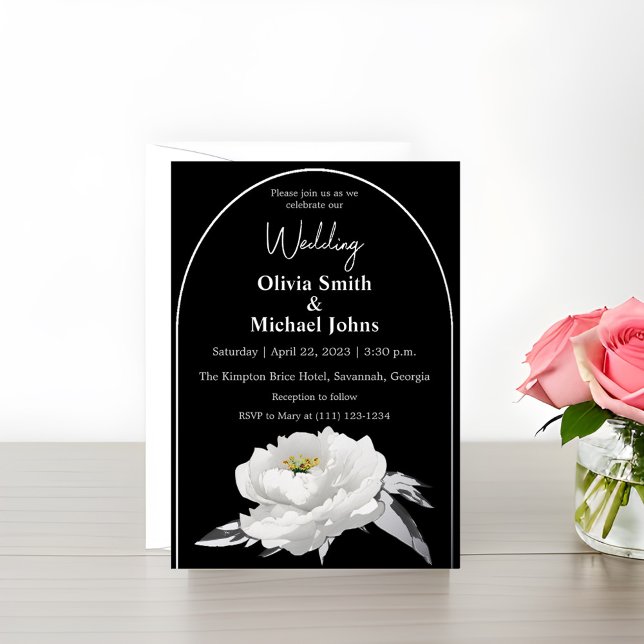 Black and White Peony Silver Wedding Invitation (Creator Uploaded)